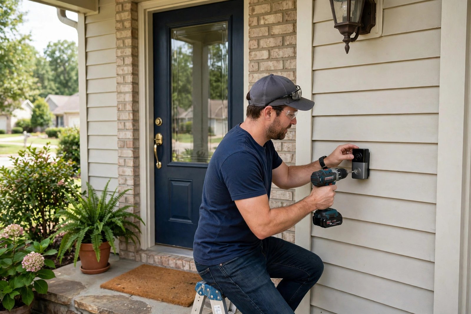 Homeowner installing a video doorbell beside the front door of a house in daylight
