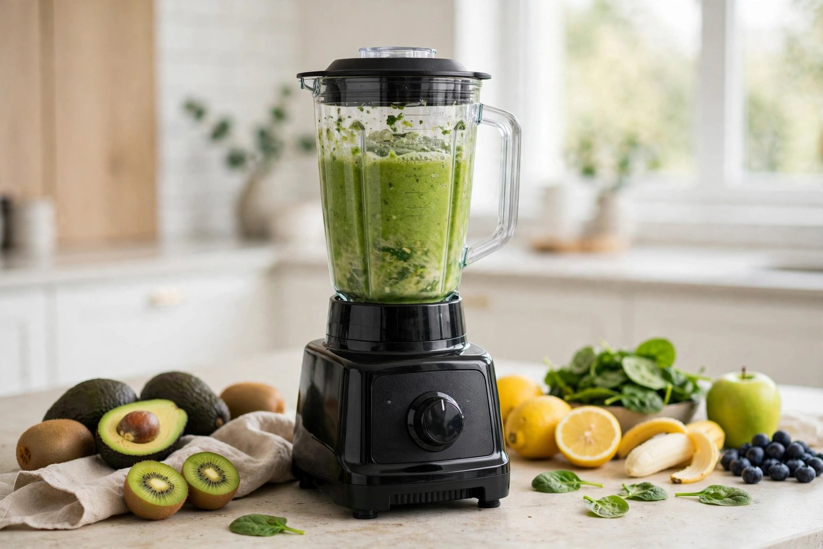 Black Vitamix blender making a green smoothie on a bright kitchen counter with fruit